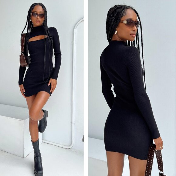 Princess Polly Dresses & Skirts - Princess Polly Lyvia Mock Neck Ribbed Long Sleeve Mini Dress In Black S/M